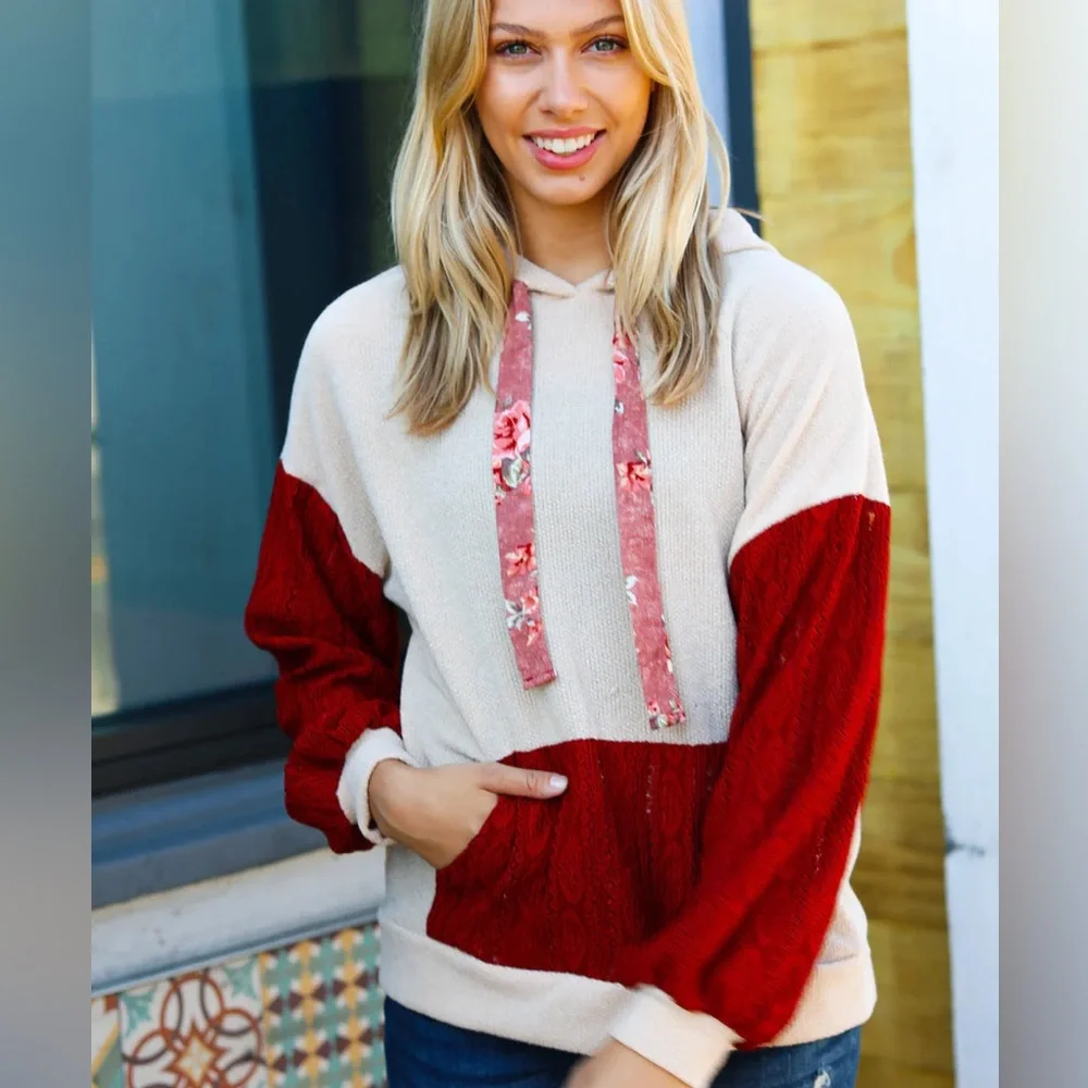 Color Block Textured Sweater Top Hoodie, Red Lace Details, Floral Drawstring - Picture 1 of 7
